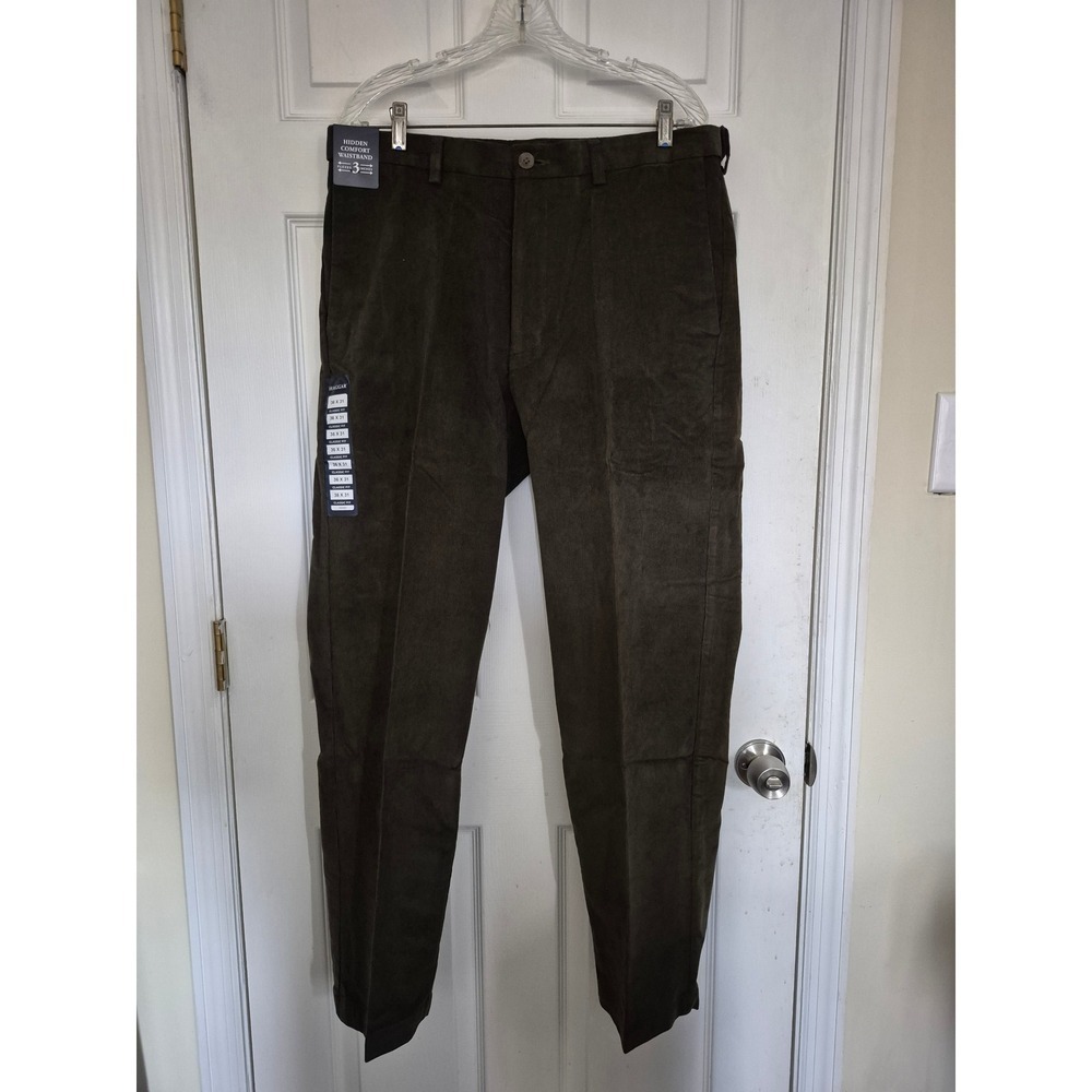 Haggar Premium Stretch Corduroy Pants Mens 36Wx31L Classic Fit Khaki Olive Green
